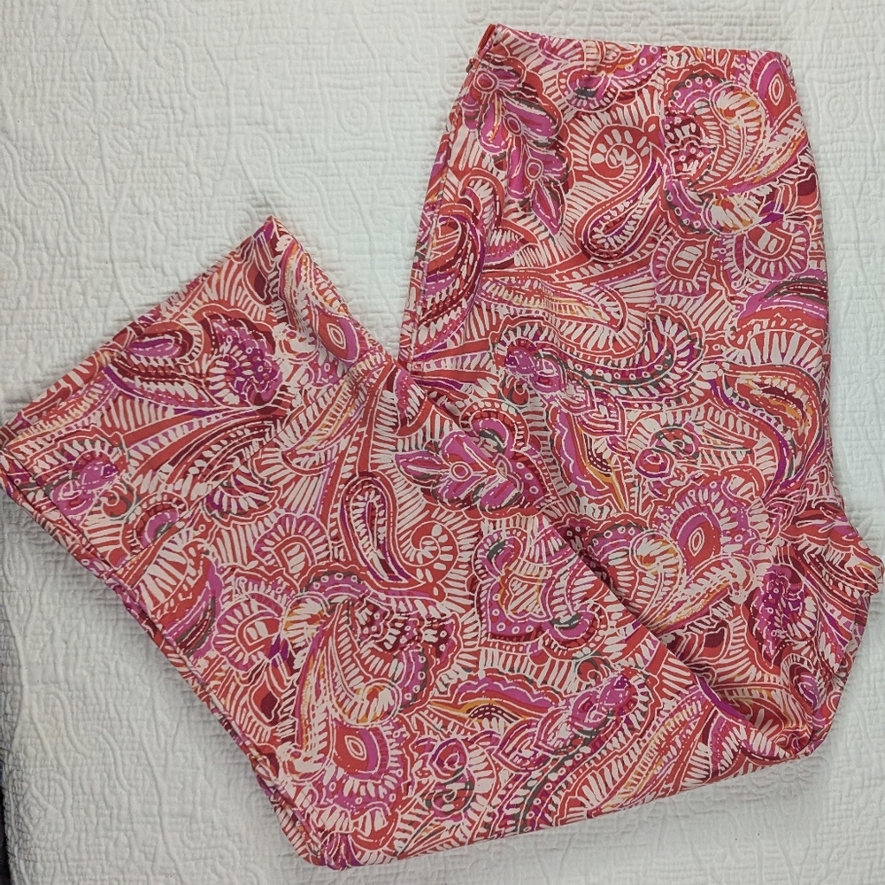 Sigrid Olsen Pants Women's Sz 8 Pink Red Paisley Cotton‎ Stretch Crop Side Zip